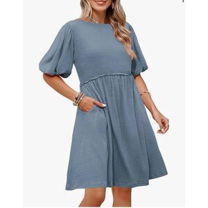 New Blue crew Neck Tunic Mini Tiered Babydoll Dress S